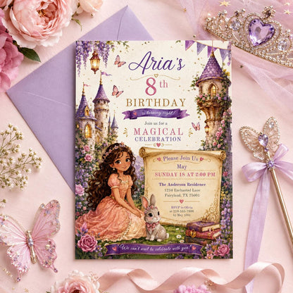 Editable Princess Birthday Invitation Canva Template, Girls Cute Modern Fun Themed Custom DIY Chic Party Invite, Printable Digital Download.