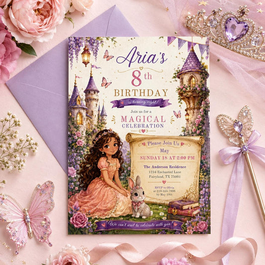 Editable Princess Birthday Invitation Canva Template, Girls Cute Modern Fun Themed Custom DIY Chic Party Invite, Printable Digital Download.