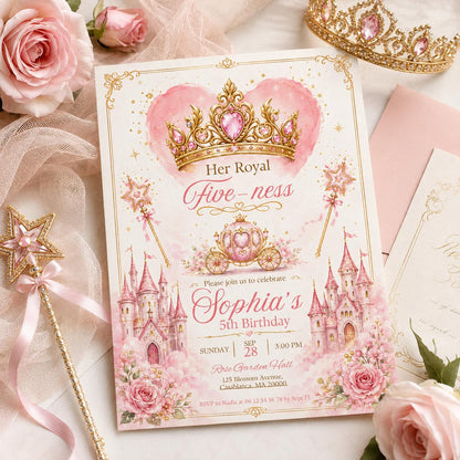 Editable Princess Birthday Invitation Canva Template, Magical Girls Kids Cute Modern Fun DIY Sweet Party Invite, Printable Digital Download.