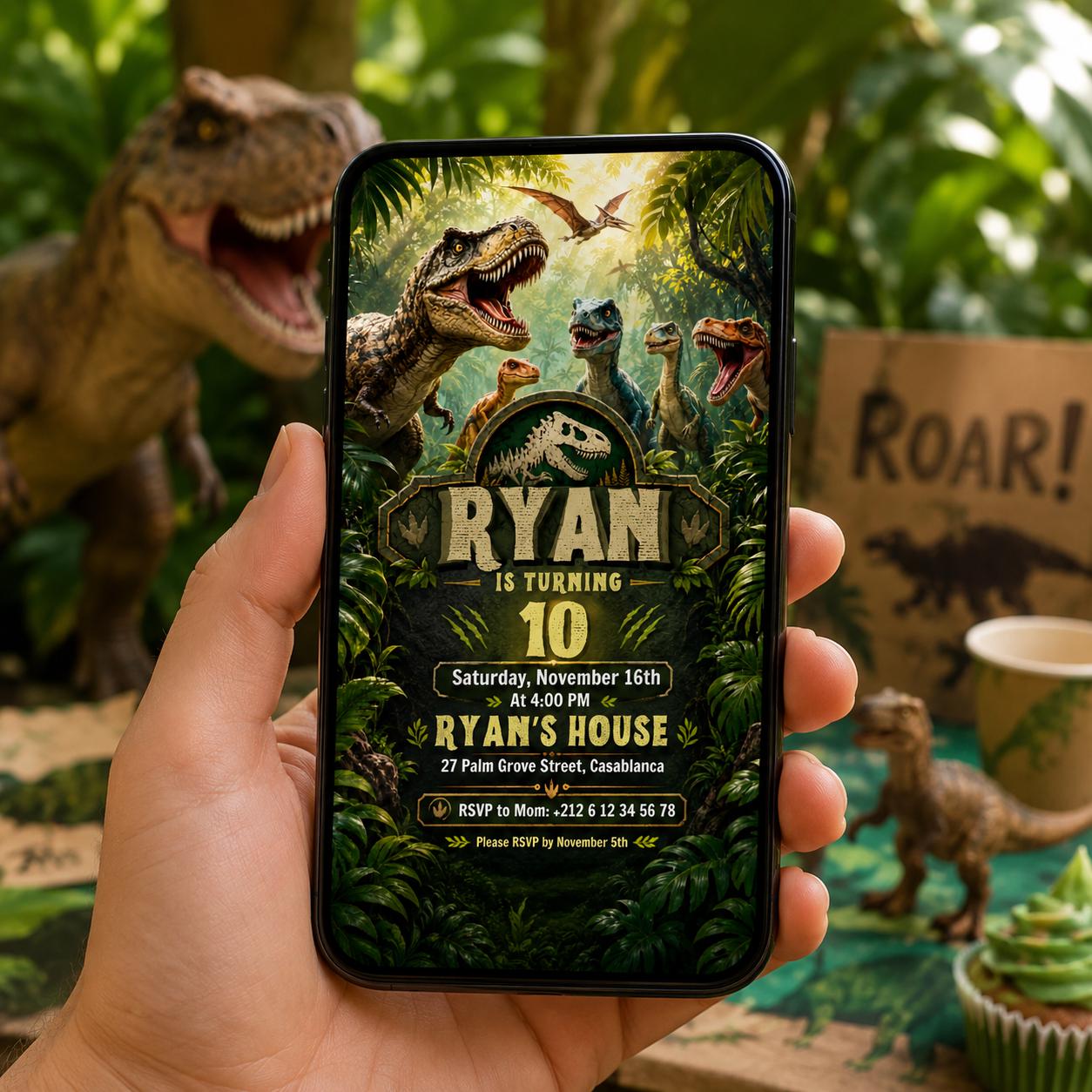 Editable Dinosaur Birthday Invitation Canva Template, Boys Kids Dino Cute Modern Fun DIY Chic Teen Party Invite, Printable Digital Download.