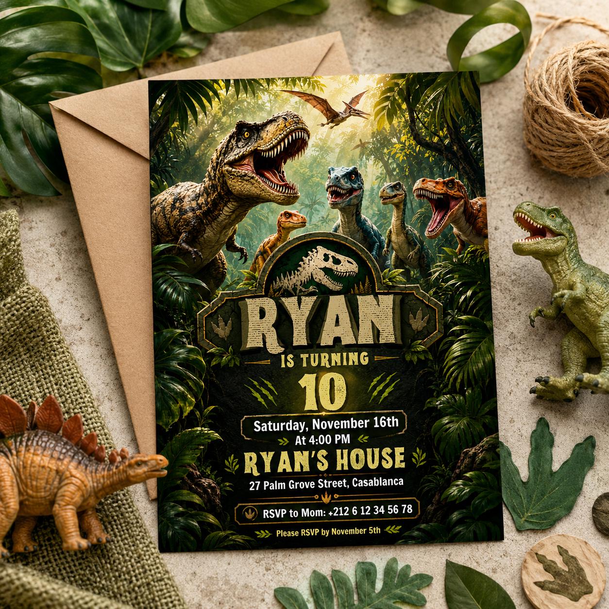 Editable Dinosaur Birthday Invitation Canva Template, Boys Kids Dino Cute Modern Fun DIY Chic Teen Party Invite, Printable Digital Download.