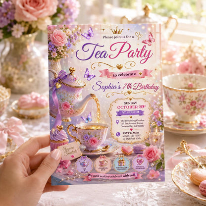 Editable Tea Birthday Invitation Canva Template, Pink Gold Luxury Tea Cute Fun DIY Sweet Chic Kids Party Invite, Printable Digital Download.