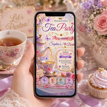 Editable Tea Birthday Invitation Canva Template, Pink Gold Luxury Tea Cute Fun DIY Sweet Chic Kids Party Invite, Printable Digital Download.