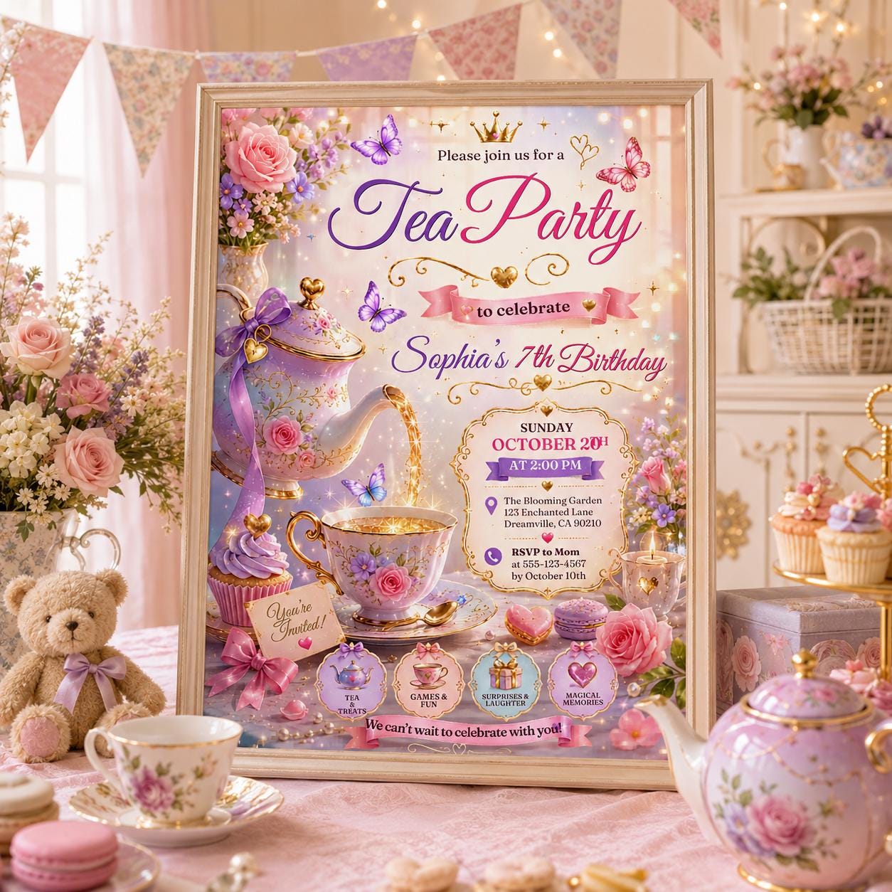 Editable Tea Birthday Invitation Canva Template, Pink Gold Luxury Tea Cute Fun DIY Sweet Chic Kids Party Invite, Printable Digital Download.
