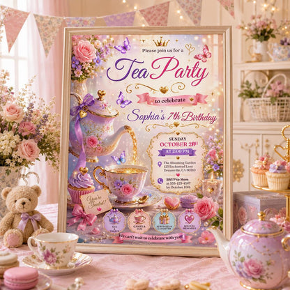 Editable Tea Birthday Invitation Canva Template, Pink Gold Luxury Tea Cute Fun DIY Sweet Chic Kids Party Invite, Printable Digital Download.