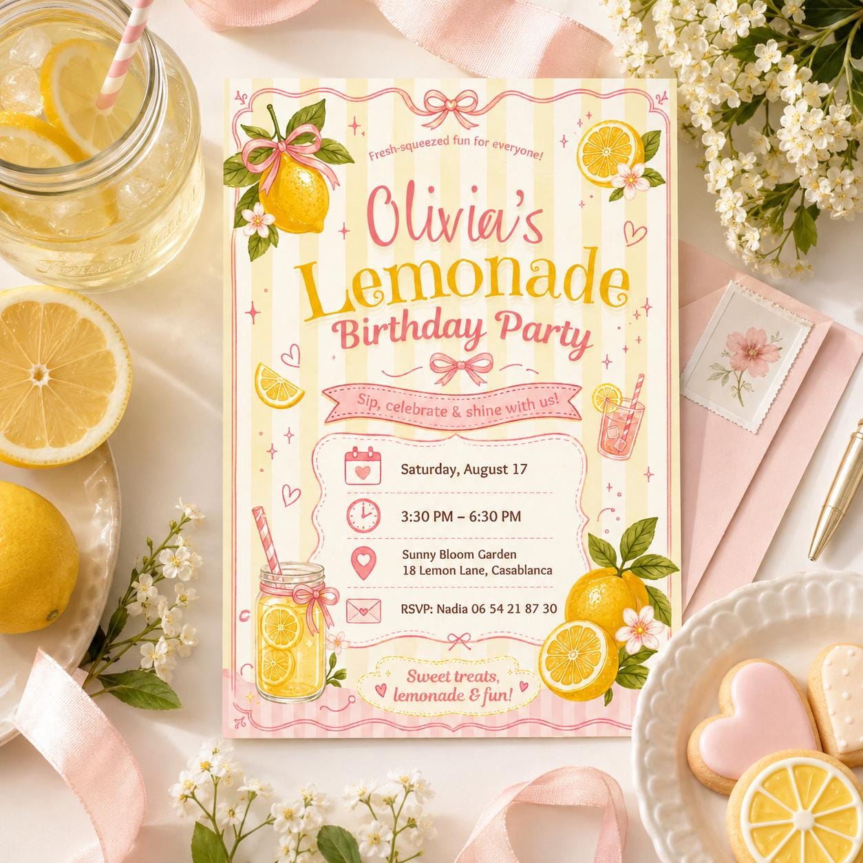 Editable Lemonade Graduation Sign Canva Template, Pink Girls Summer Cute Modern Fun Themed DIY Chic Kids Teen Printable Digital Party Decor.