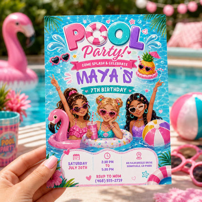 Editable Pool Birthday Invitation Canva Template, Girls Teens Pool Cute Modern Fun Themed DIY Chic Party Invite, Printable Digital Download.