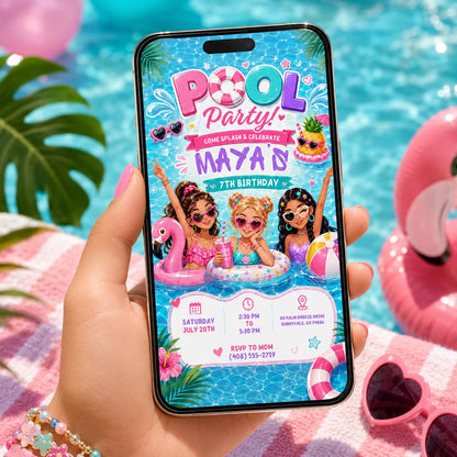 Editable Pool Birthday Invitation Canva Template, Girls Teens Pool Cute Modern Fun Themed DIY Chic Party Invite, Printable Digital Download.