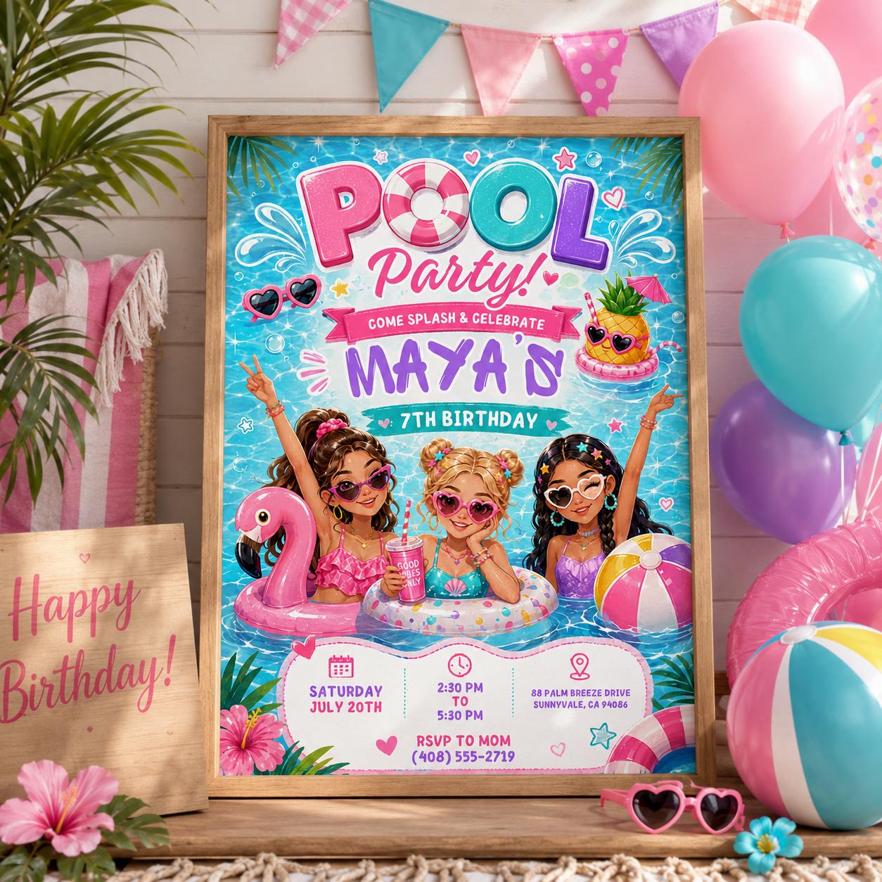 Editable Pool Birthday Invitation Canva Template, Girls Teens Pool Cute Modern Fun Themed DIY Chic Party Invite, Printable Digital Download.