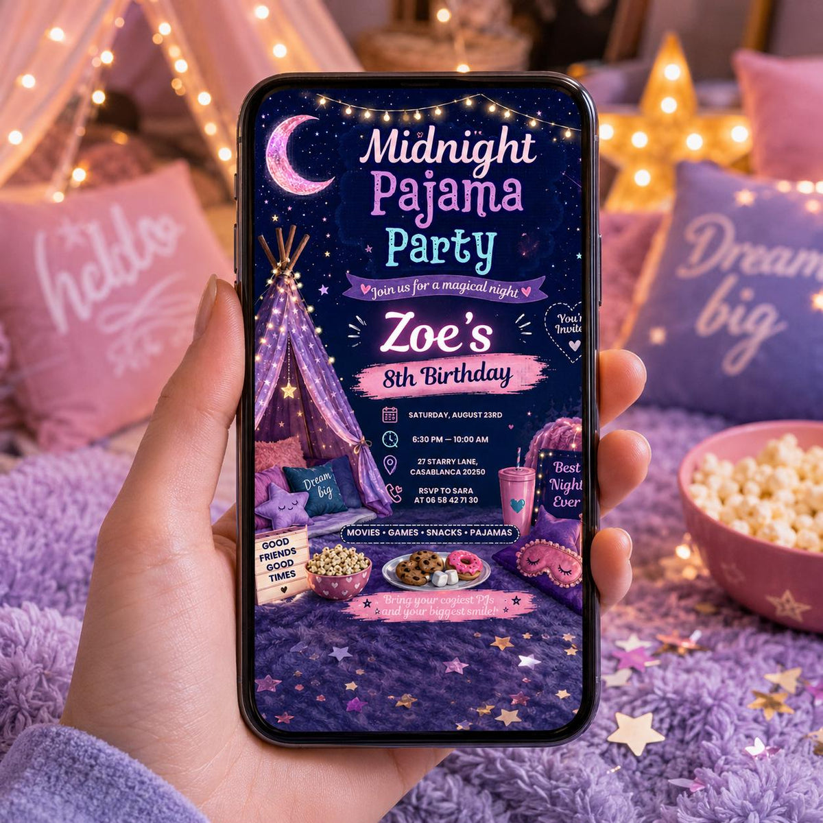 Editable Sleepover Birthday Invitation Canva Template, Neon Girls Cute Modern Fun Themed DIY Sweet Party Invite, Printable Digital Download.