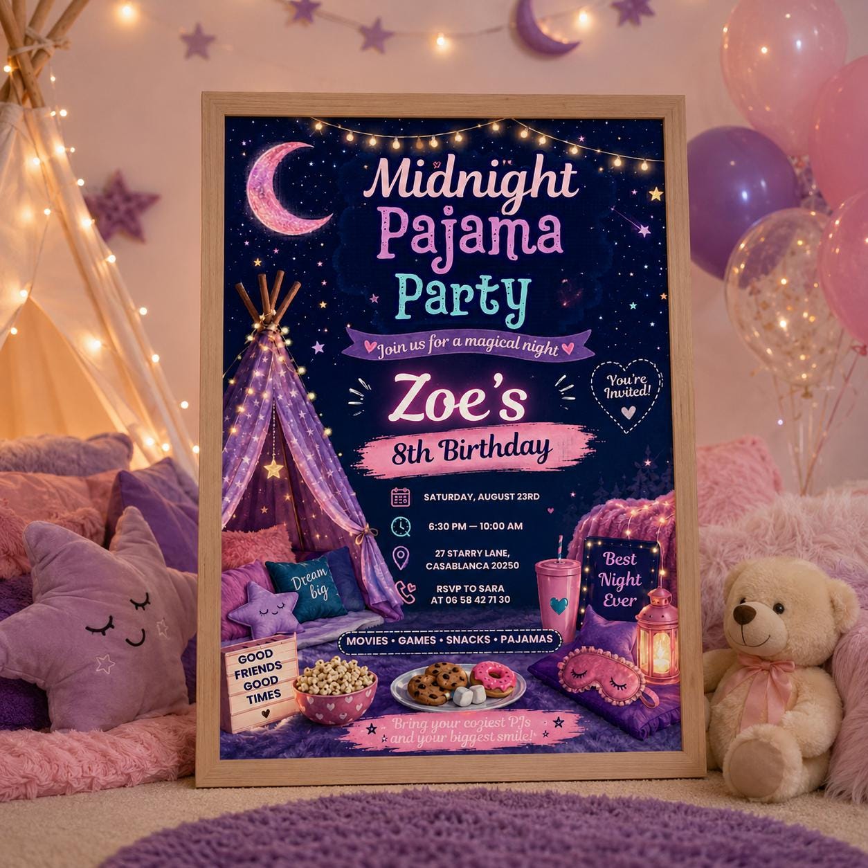 Editable Sleepover Birthday Invitation Canva Template, Neon Girls Cute Modern Fun Themed DIY Sweet Party Invite, Printable Digital Download.