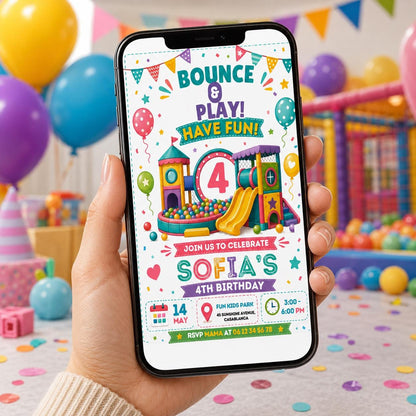 Editable Bounce House Birthday Invitation Canva Template, Boys Kids Teens Cute Modern Fun DIY Chic Party Invite, Printable Digital Download.