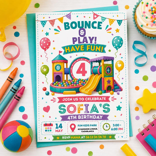 Editable Bounce House Birthday Invitation Canva Template, Boys Kids Teens Cute Modern Fun DIY Chic Party Invite, Printable Digital Download.