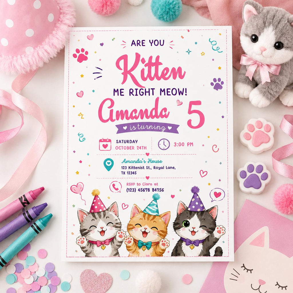 Editable Cute Cat Birthday Invitation Canva Template, Kitty Cute Modern Fun Themed Custom DIY Chic Party Invite, Printable Digital Download.