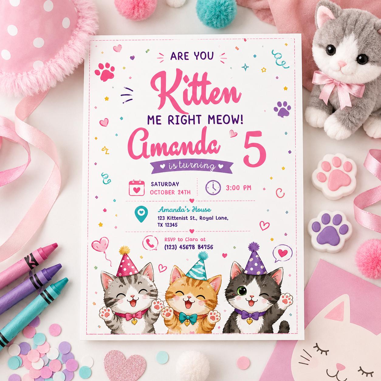 Editable Cute Cat Birthday Invitation Canva Template, Kitty Cute Modern Fun Themed Custom DIY Chic Party Invite, Printable Digital Download.