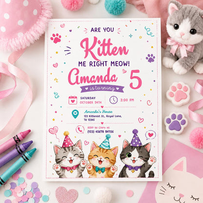 Editable Cute Cat Birthday Invitation Canva Template, Kitty Cute Modern Fun Themed Custom DIY Chic Party Invite, Printable Digital Download.
