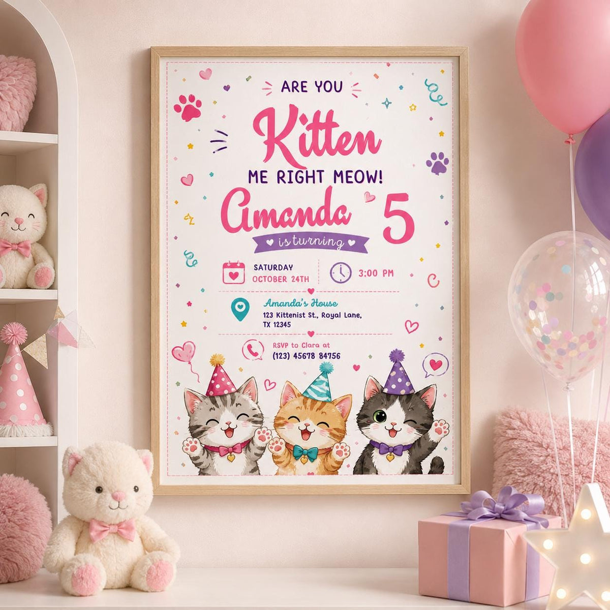 Editable Cute Cat Birthday Invitation Canva Template, Kitty Cute Modern Fun Themed Custom DIY Chic Party Invite, Printable Digital Download.