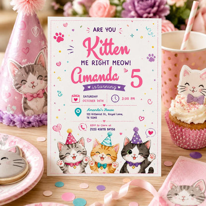Editable Cute Cat Birthday Invitation Canva Template, Kitty Cute Modern Fun Themed Custom DIY Chic Party Invite, Printable Digital Download.