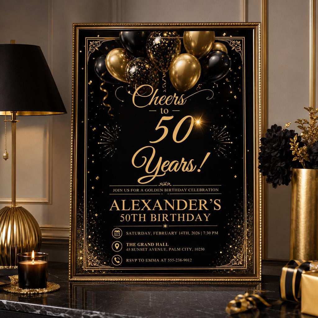 Editable Black Gold 50th Birthday Invitation Canva Template, Elegant Adult Dinner Milestone Party Invite for Men, Printable Digital Download