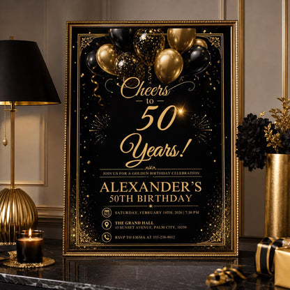 Editable Black Gold 50th Birthday Invitation Canva Template, Elegant Adult Dinner Milestone Party Invite for Men, Printable Digital Download