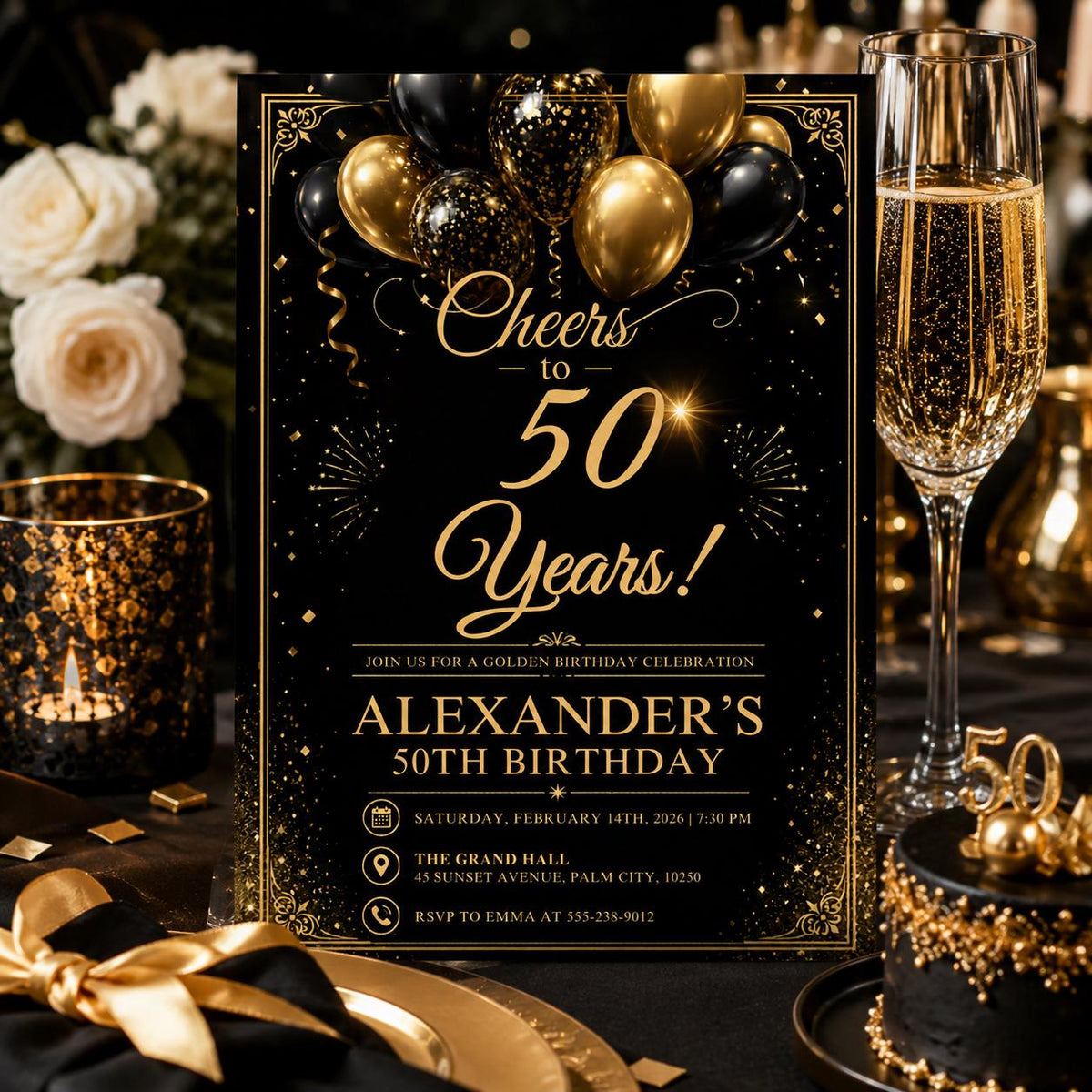 Editable Black Gold 50th Birthday Invitation Canva Template, Elegant Adult Dinner Milestone Party Invite for Men, Printable Digital Download