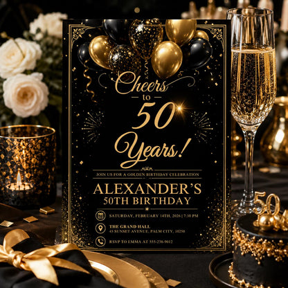 Editable Black Gold 50th Birthday Invitation Canva Template, Elegant Adult Dinner Milestone Party Invite for Men, Printable Digital Download