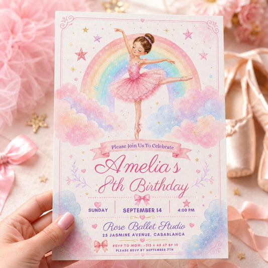 Editable Rainbow Birthday Invitation Canva Template, Pink Girls Kids Cute Modern Fun DIY Chic Teen Party Invite, Printable Digital Download.
