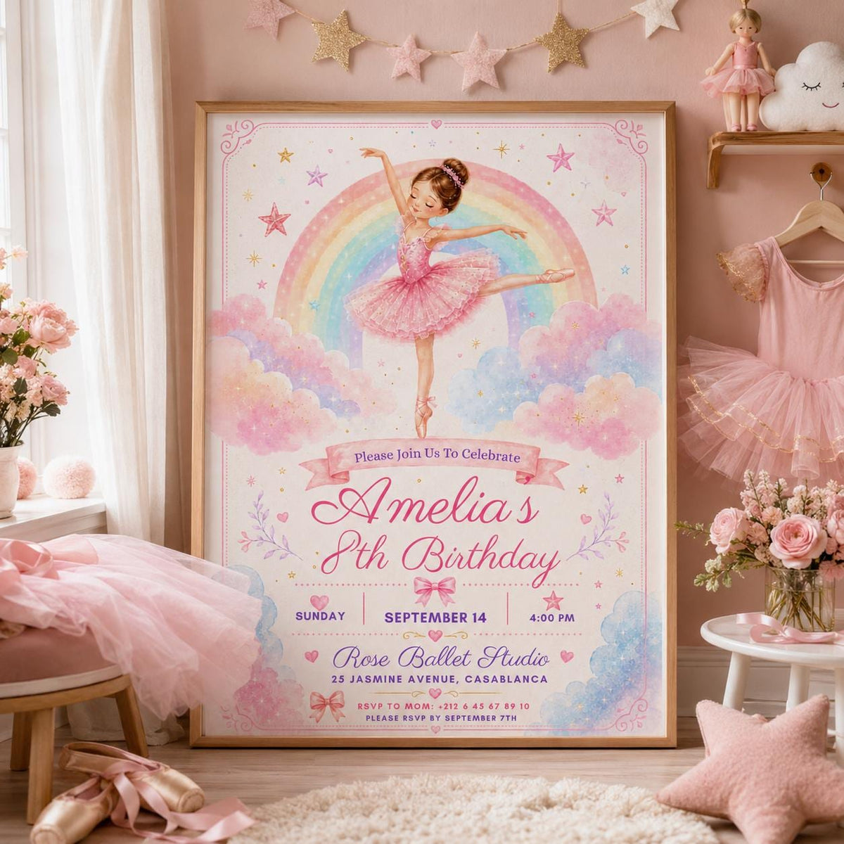 Editable Rainbow Birthday Invitation Canva Template, Pink Girls Kids Cute Modern Fun DIY Chic Teen Party Invite, Printable Digital Download.