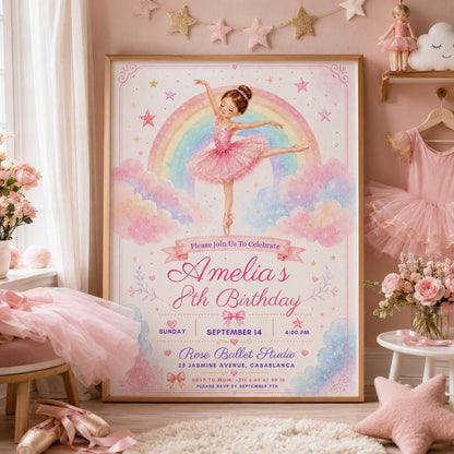 Editable Rainbow Birthday Invitation Canva Template, Pink Girls Kids Cute Modern Fun DIY Chic Teen Party Invite, Printable Digital Download.
