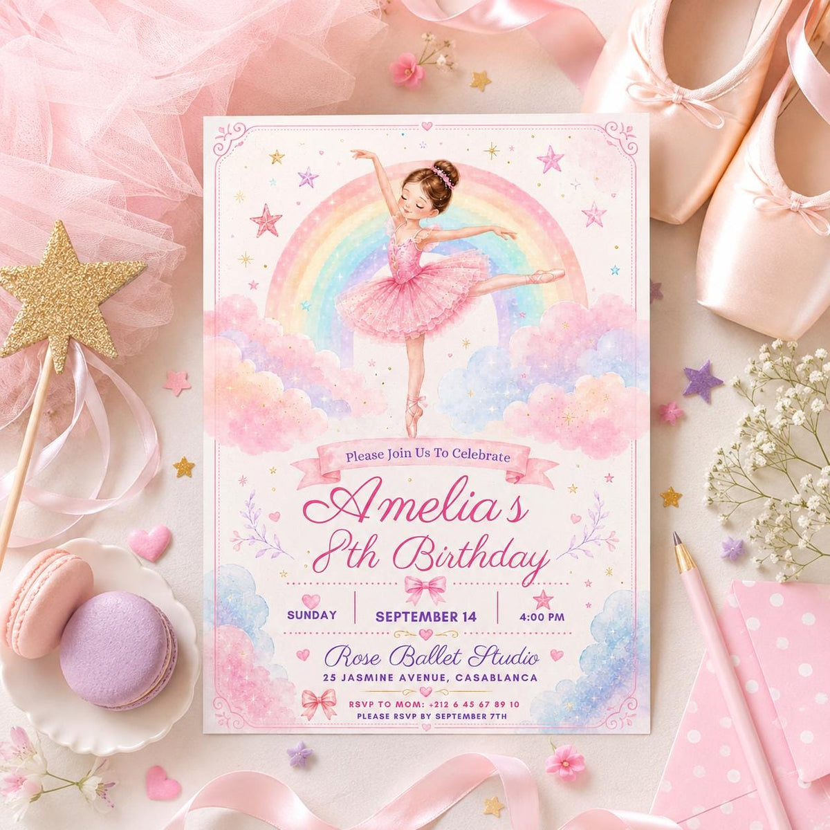 Editable Rainbow Birthday Invitation Canva Template, Pink Girls Kids Cute Modern Fun DIY Chic Teen Party Invite, Printable Digital Download.