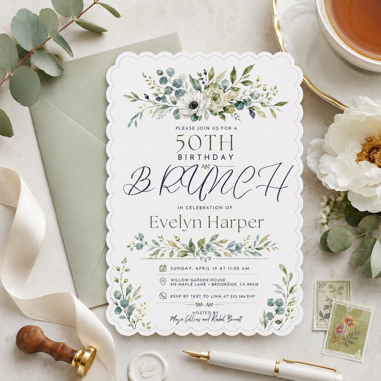 Editable Brunch Birthday Invitation Canva Template, Green Modern Chic Adult Cute Fun DIY Kids Teen Party Invite, Printable Digital Download.