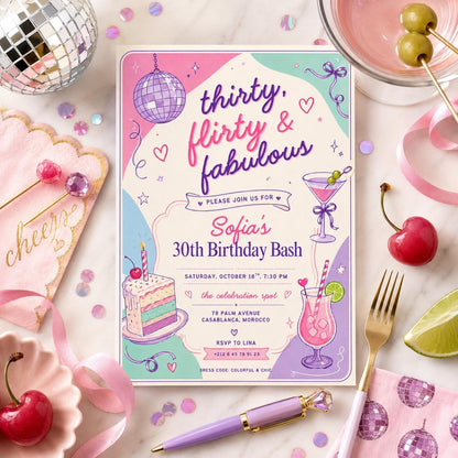 Editable Modern Cocktail Party Invitation Canva Template, Girls Adult Cute Modern Fun Themed DIY Sweet Chic Kids Printable Digital Download.