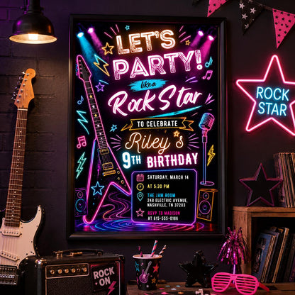 Editable Neon Glow Birthday Invitation Canva Template, Pink Girls Neon Cute Fun DIY Chic Kids Teen Party Invite, Printable Digital Download.