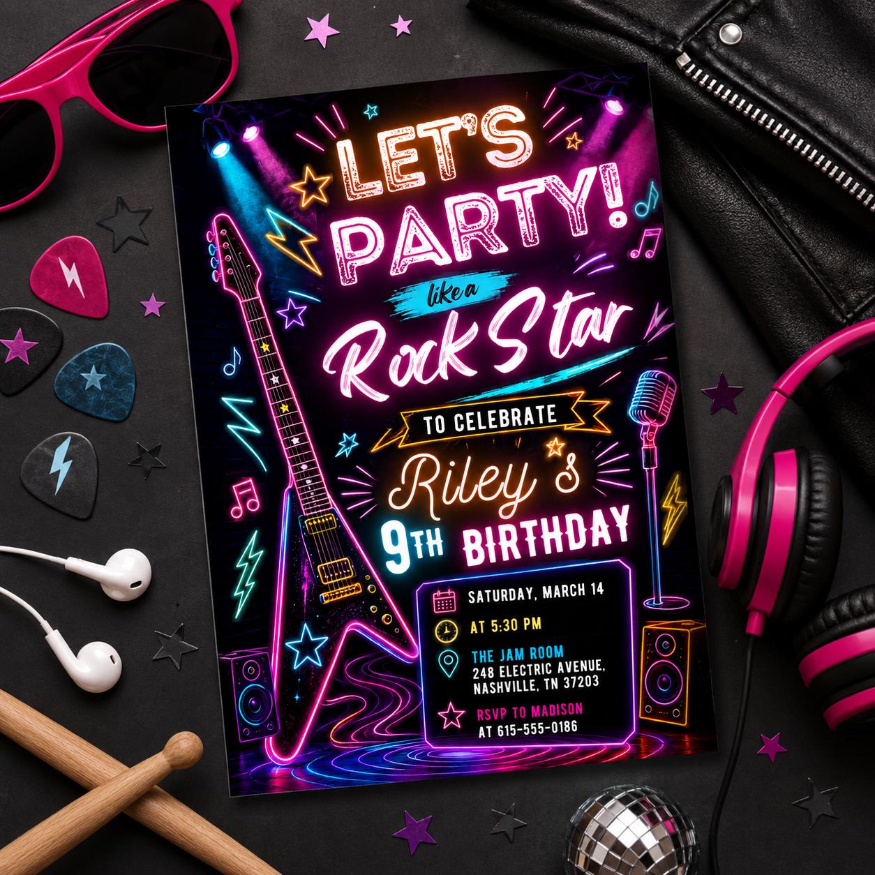 Editable Neon Glow Birthday Invitation Canva Template, Pink Girls Neon Cute Fun DIY Chic Kids Teen Party Invite, Printable Digital Download.