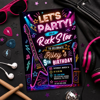 Editable Neon Glow Birthday Invitation Canva Template, Pink Girls Neon Cute Fun DIY Chic Kids Teen Party Invite, Printable Digital Download.
