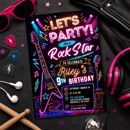 Editable Neon Glow Birthday Invitation Canva Template, Pink Girls Neon Cute Fun DIY Chic Kids Teen Party Invite, Printable Digital Download.