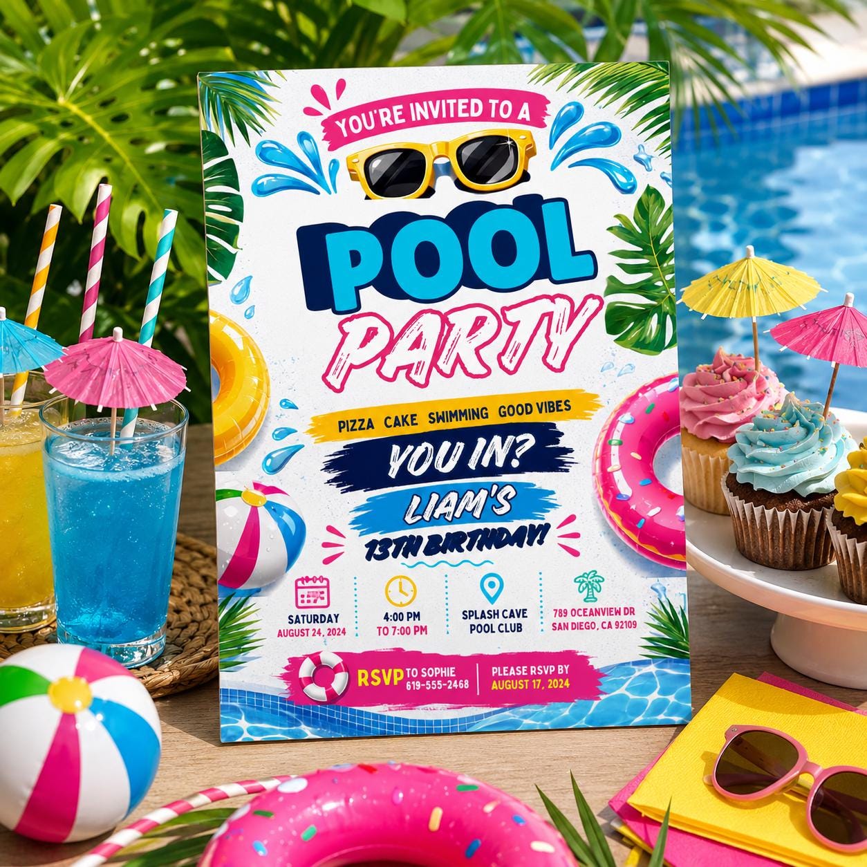 Editable Pool Birthday Invitation Canva Template, Boys Teens Pool Cute Modern Fun Themed DIY Sweet Party Invite, Printable Digital Download.
