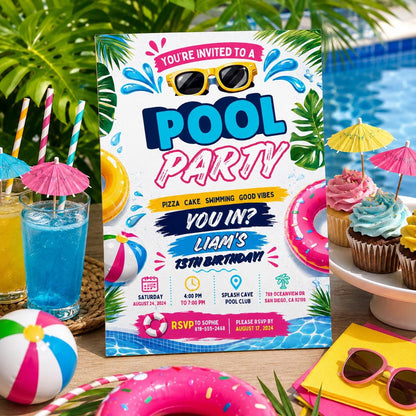 Editable Pool Birthday Invitation Canva Template, Boys Teens Pool Cute Modern Fun Themed DIY Sweet Party Invite, Printable Digital Download.