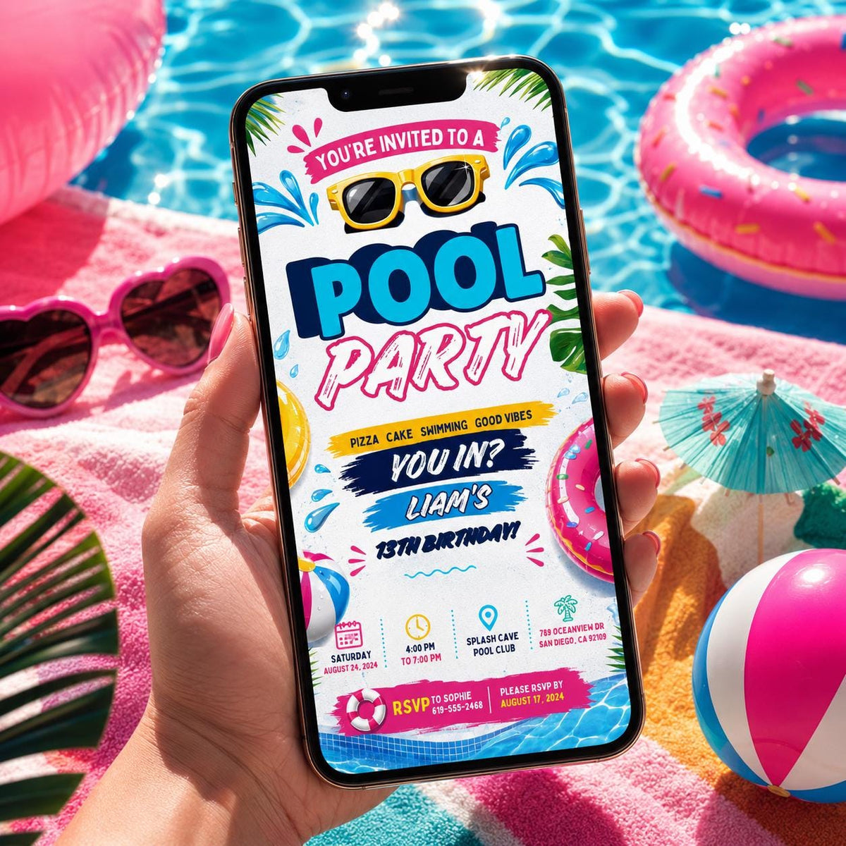 Editable Pool Birthday Invitation Canva Template, Boys Teens Pool Cute Modern Fun Themed DIY Sweet Party Invite, Printable Digital Download.