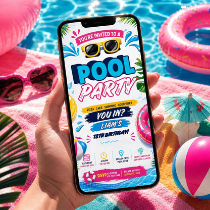 Editable Pool Birthday Invitation Canva Template, Boys Teens Pool Cute Modern Fun Themed DIY Sweet Party Invite, Printable Digital Download.