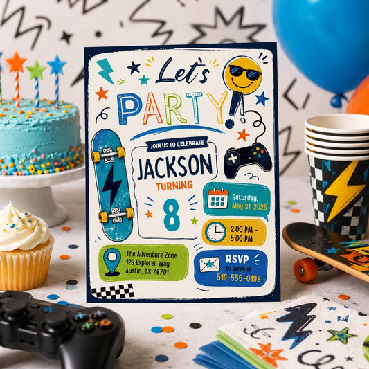 Editable Lets Birthday Invitation Canva Template, Blue Green Boys Kids Any Age Cute Modern Fun DIY Party Invite, Printable Digital Download.