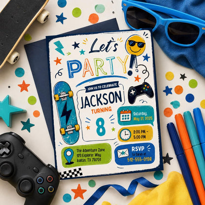 Editable Lets Birthday Invitation Canva Template, Blue Green Boys Kids Any Age Cute Modern Fun DIY Party Invite, Printable Digital Download.