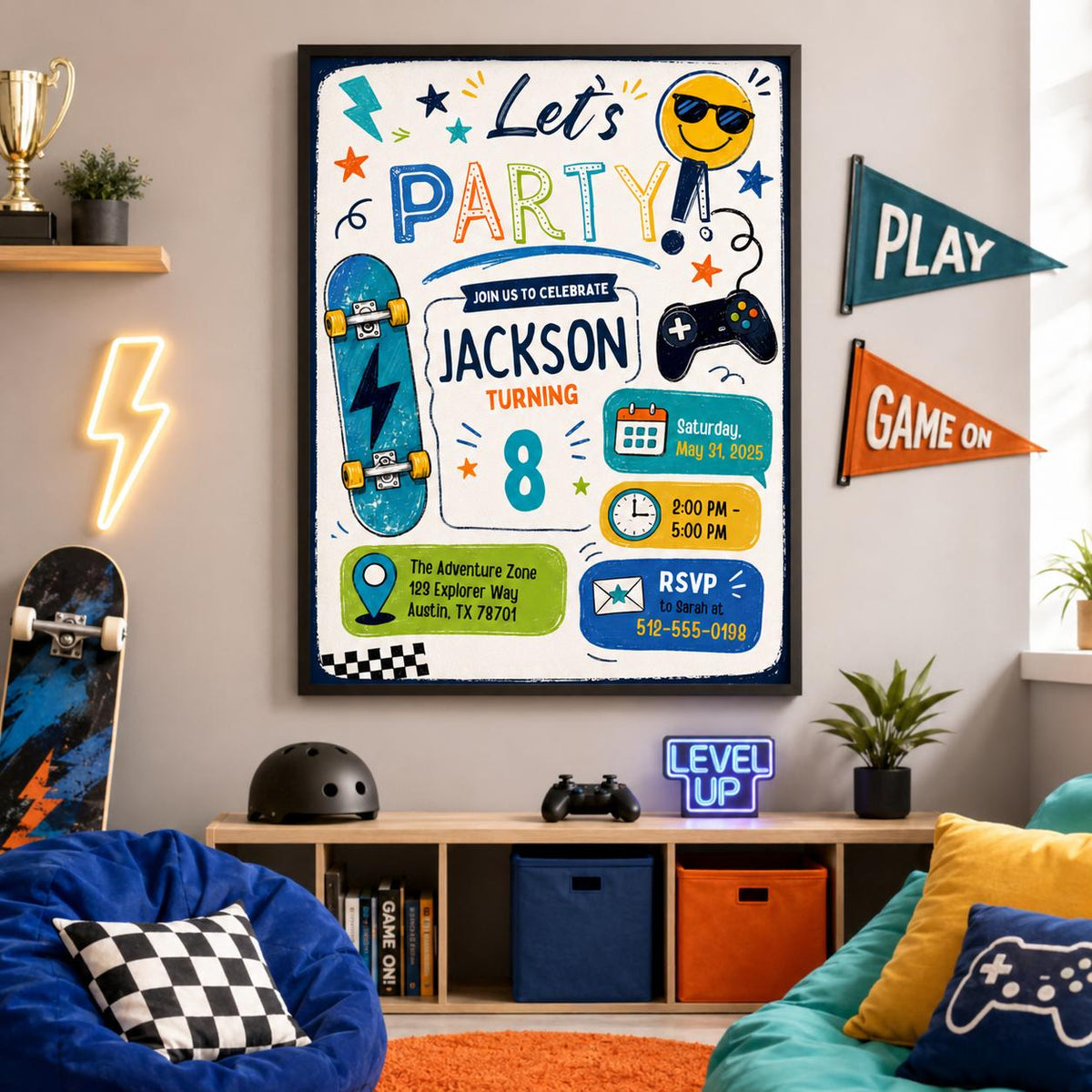 Editable Lets Birthday Invitation Canva Template, Blue Green Boys Kids Any Age Cute Modern Fun DIY Party Invite, Printable Digital Download.