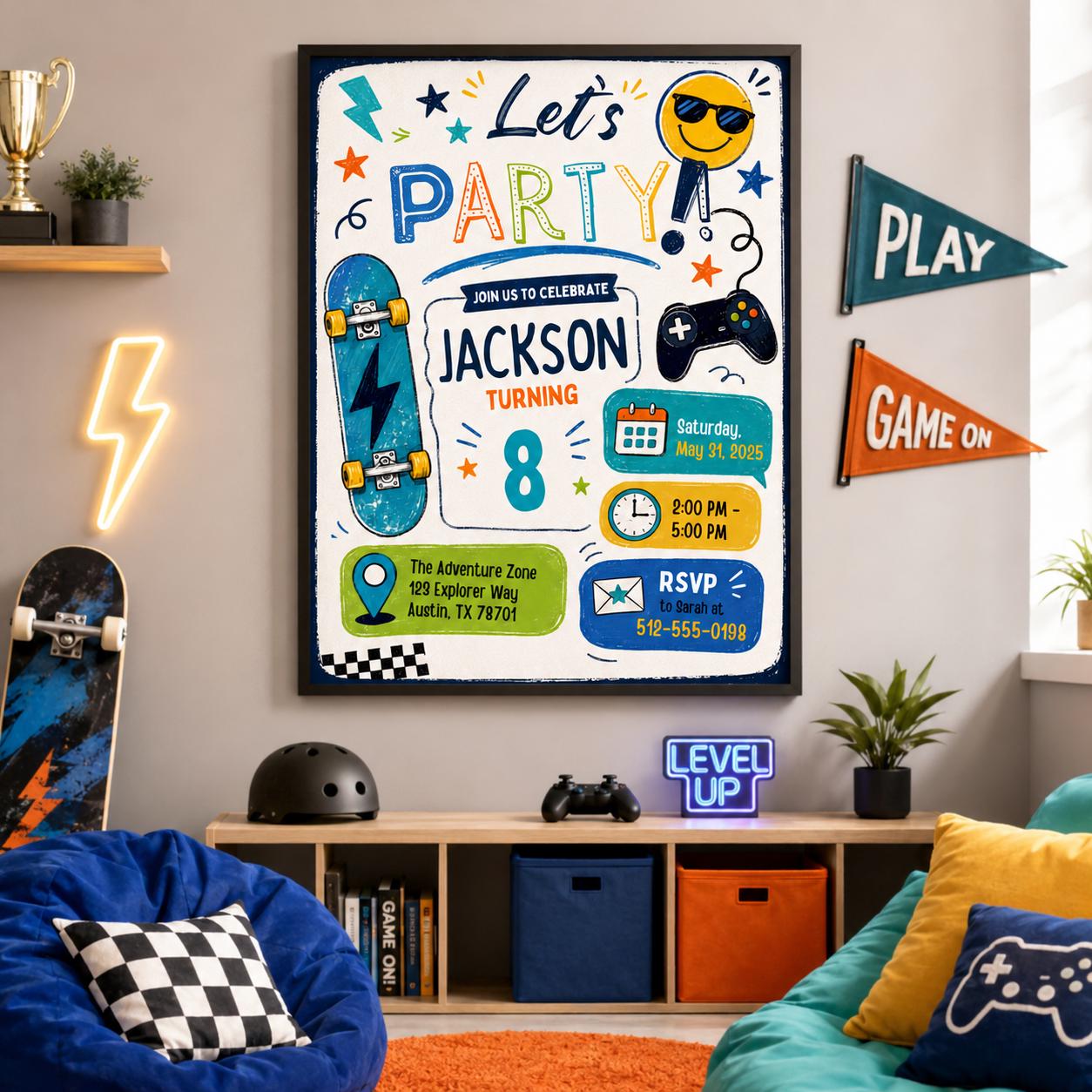 Editable Lets Birthday Invitation Canva Template, Blue Green Boys Kids Any Age Cute Modern Fun DIY Party Invite, Printable Digital Download.