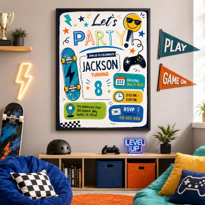 Editable Lets Birthday Invitation Canva Template, Blue Green Boys Kids Any Age Cute Modern Fun DIY Party Invite, Printable Digital Download.