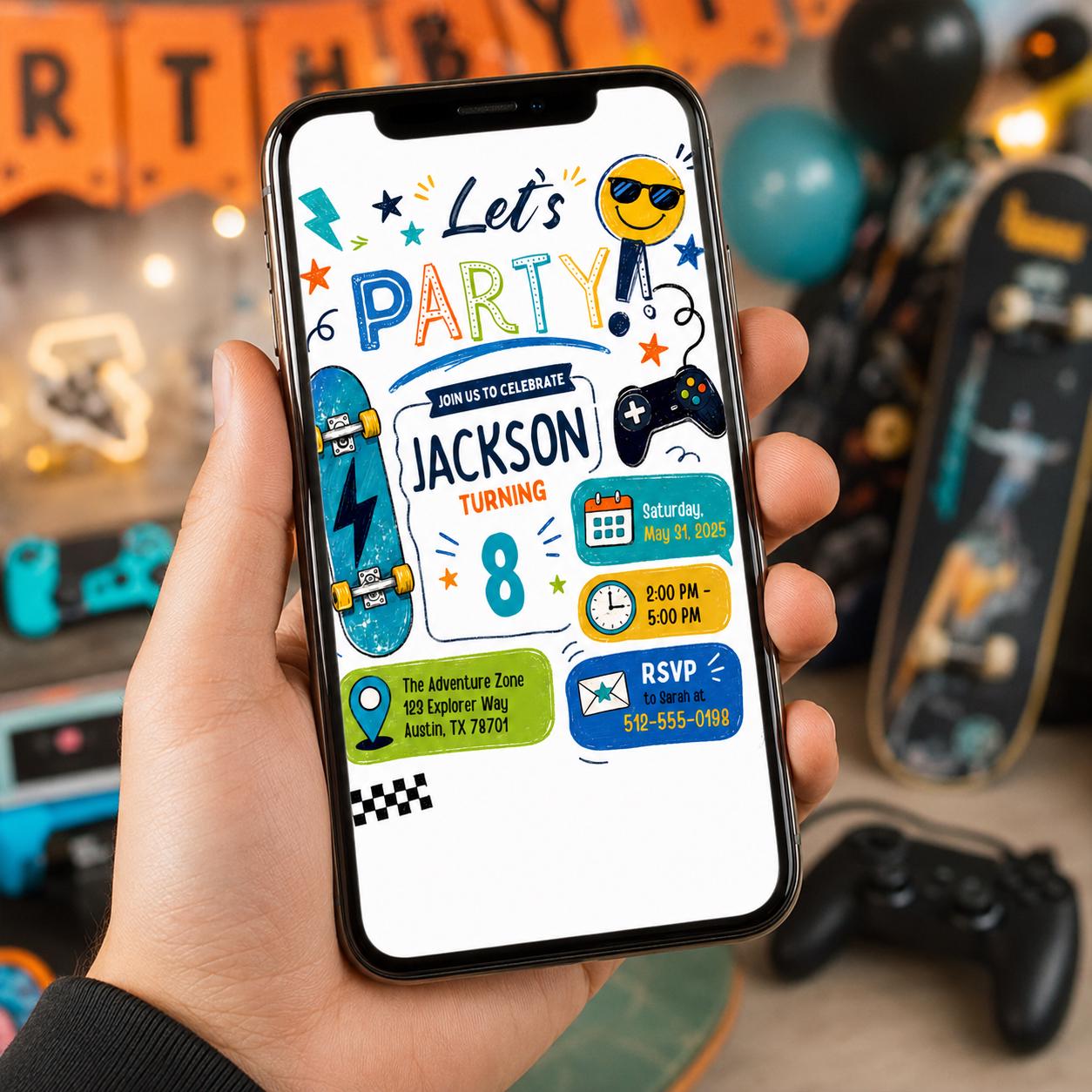 Editable Lets Birthday Invitation Canva Template, Blue Green Boys Kids Any Age Cute Modern Fun DIY Party Invite, Printable Digital Download.