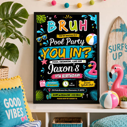 Editable Pool Birthday Invitation Canva Template, Boys Teens Pool Cute Modern Fun Themed DIY Sweet Party Invite, Printable Digital Download.