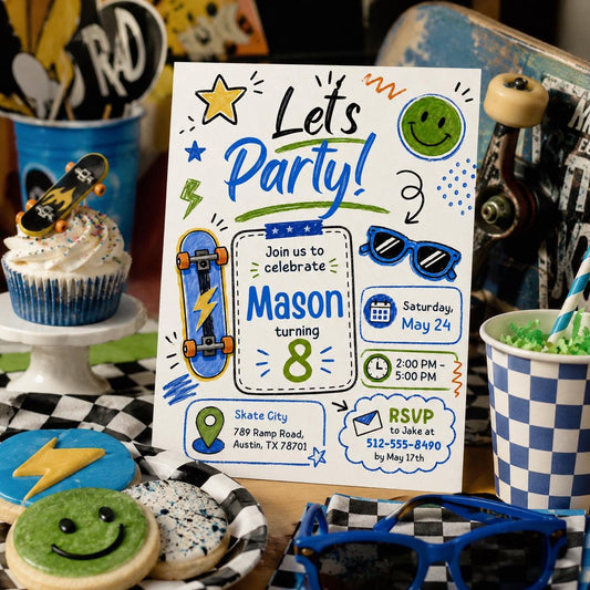 Editable Lets Birthday Invitation Canva Template, Blue Green Boys Kids Any Age Cute Modern Fun DIY Party Invite, Printable Digital Download.