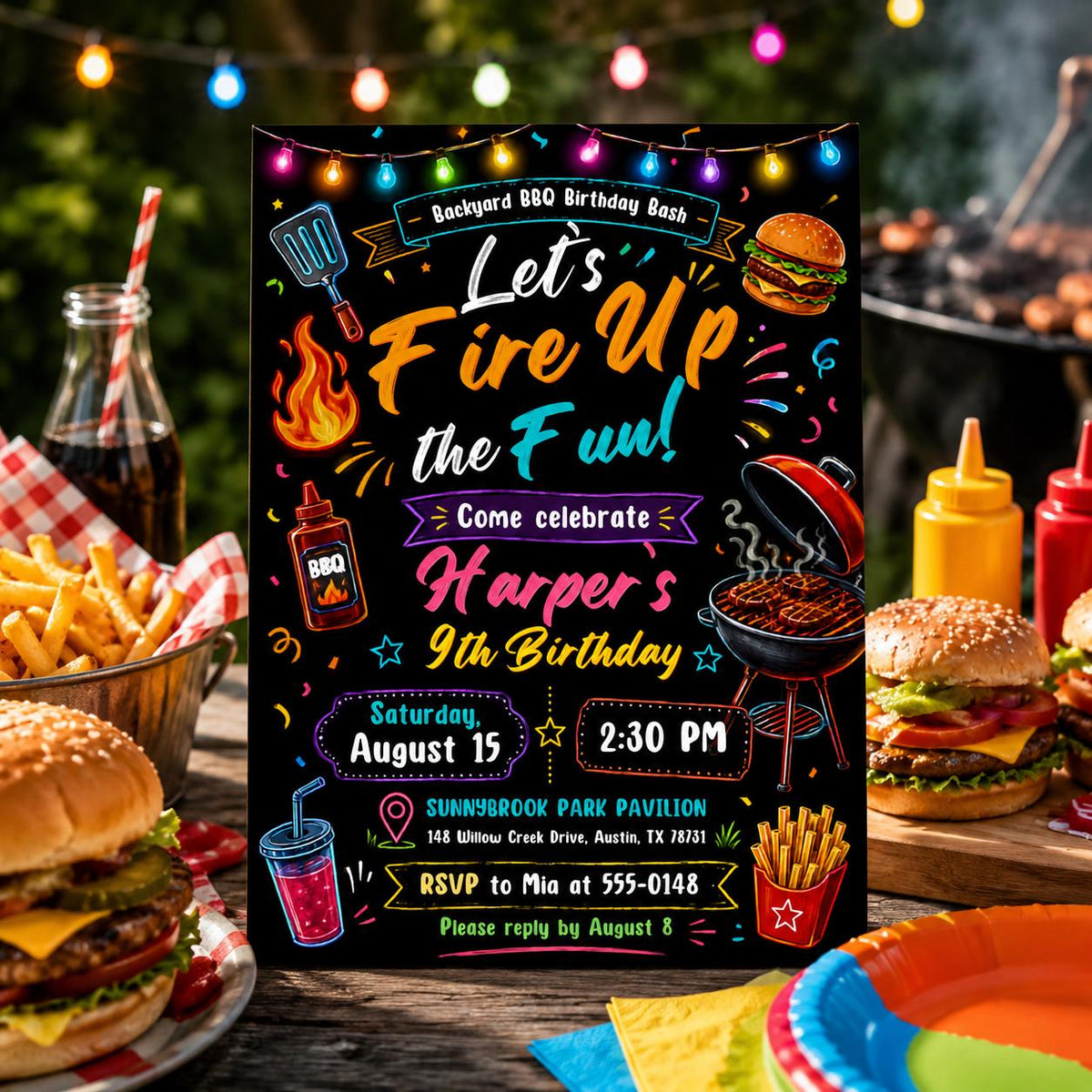 Editable Neon Glow Birthday Invitation Canva Template, Kids Adult Any Age Neon Cute Modern Fun DIY Party Invite, Printable Digital Download.