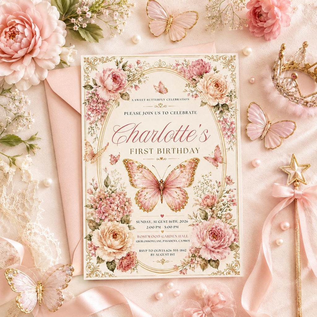 Editable Floral Birthday Invitation Canva Template, Pink Gold Luxury Girls Cute Fun DIY Sweet Chic Party Invite, Printable Digital Download.